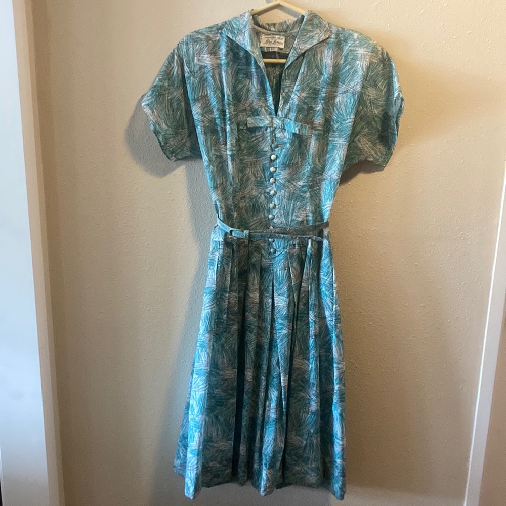 Vintage 1950s Lora Lenox Turquoise & Black Belted Scribble Print Dress Sm Med